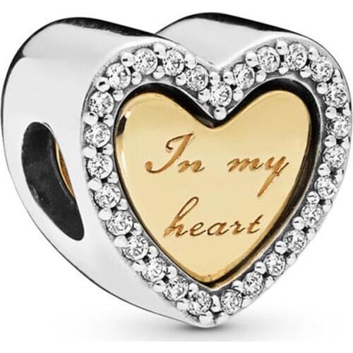 Genuine 925 Sterling Silver Bead Charm Gold Color SHINE & Silver In My Heart Charm Fit Pan Bracelet & Necklace Diy Jewelry