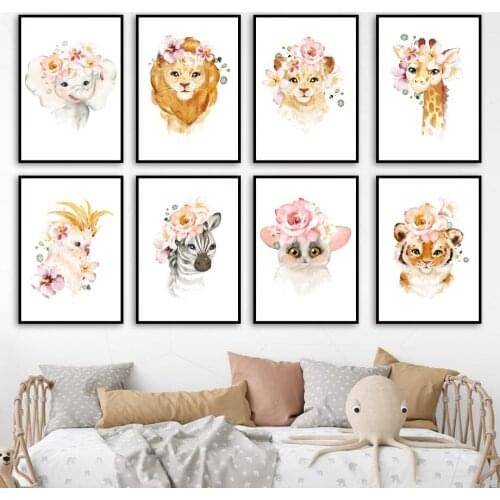Flower Elephant Lion Giraffe Zebra Jungle Nursery Wall Art Print Canvas Painting Nordic Poster Wall Picture Baby Girl Room Decor