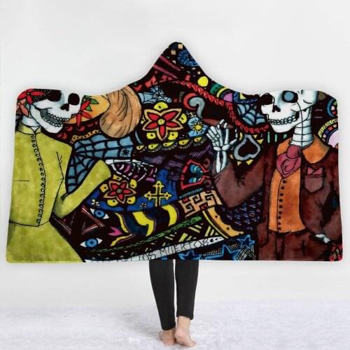 Sugar Skull Flower 3D Print Hoodie Blanket Coral Fleece Hooded Blanket Warm Travel Airplane Sofa Bed Picnic Throw Blanket Kids