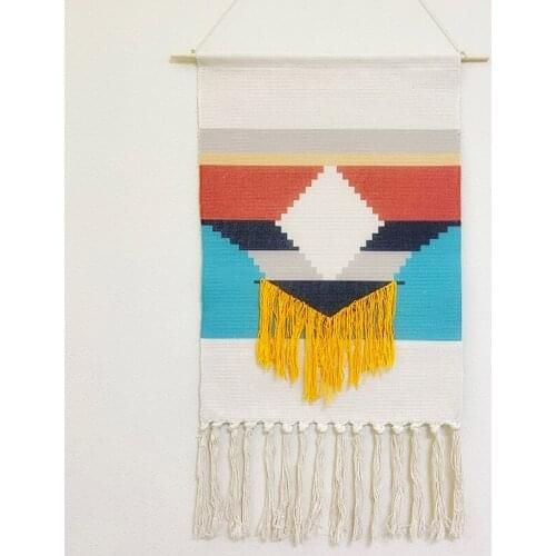 Home Boho Decor Macrame Cotton rope Handmade Woven Wall Hanging Tapestry geometric printed wall Art cloth tapestry with stick