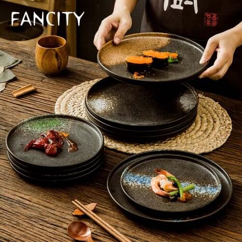 FANCITY Japanese-style disc ceramic plate steak plate breakfast plate sushi plate flat plate dish color glaze shallow plate West