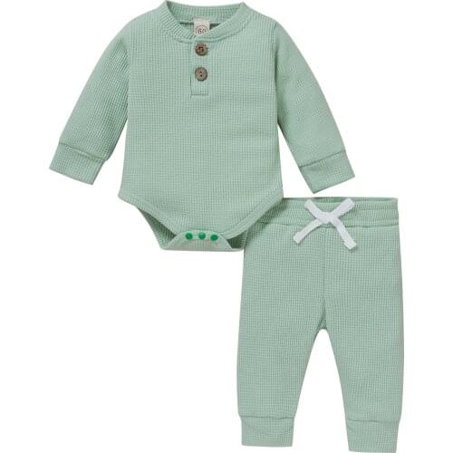 Childrens Clothing Set Autumn 2021 Solid Color Cotton Long Sleeve Romper Long Pants Baby Boys Girls Clothes For 0-24M Casual