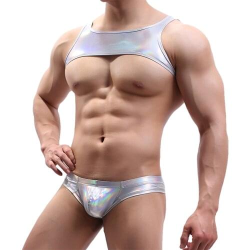 Sexy Undershirt Sets Men Faux Leather Chest Muscle Harness Briefs Two Piece PVC Latex Tank Tops Underwear Suits Clubwear Costume