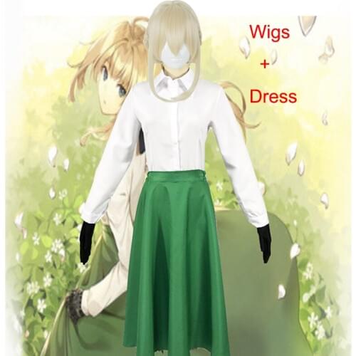 Anime Violet Evergarden Cosplay Costume Wigs White Blouse Green Dress Gloves Set Uniform Casual Daily Shirt For Woman
