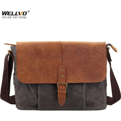 Mens Canvas Leather Messenger Bag Male Casual Vintage Shoulder Bags Waterproof Crossbody Bags High Quality Travel Bag XA918ZC