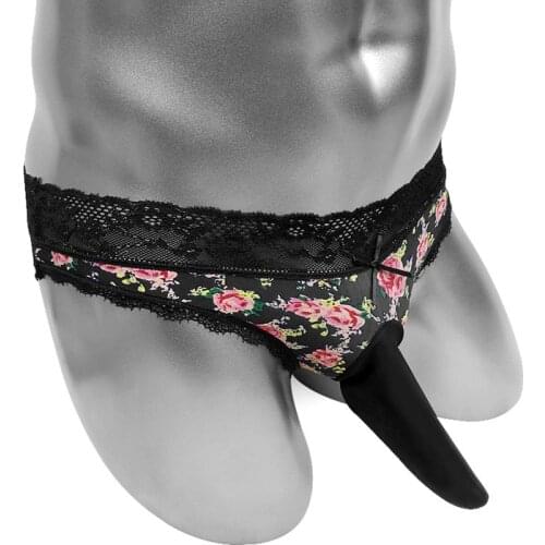 Funny Sissy Mens Briefs Panties Penis Sheath Low Rise Lace Patchwork Floral Underwear Male Sexy Lingerie Bikini Breathable