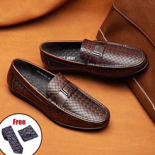 Phenkang Men Leather Summer Casual Shoes Male Sneakers loafer Mens Slip On Coffee Mens Genuine Leather Loafers Driving Shoes