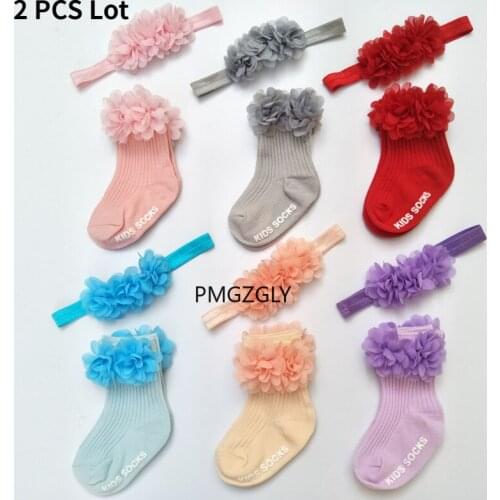 2Pcs Baby Socks Headband Set Chiffon Flowers Newborn Baby Girl Short Socks Anti Slip Solid Color Infant Toddler Socks Hairband