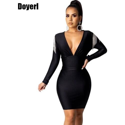 Autumn Women Bandage Bodycon Dress Party Mini Sexy Dress Long Sleeve Slim Elastic Deep V Neck Tassel Elegant Short Party Dress