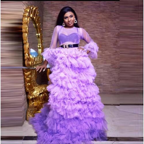 Lavander Ruffled Tulle Dresses With Long Sleeves Tiered Fluffy Women Party Dress Long Length Sexy Sheer Tulle Gown