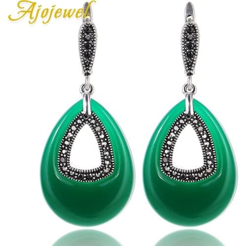 Ajojewel Vintage Jewelry CZ Green Resin Big Stone Water Drop Earrings For Women New Arrival