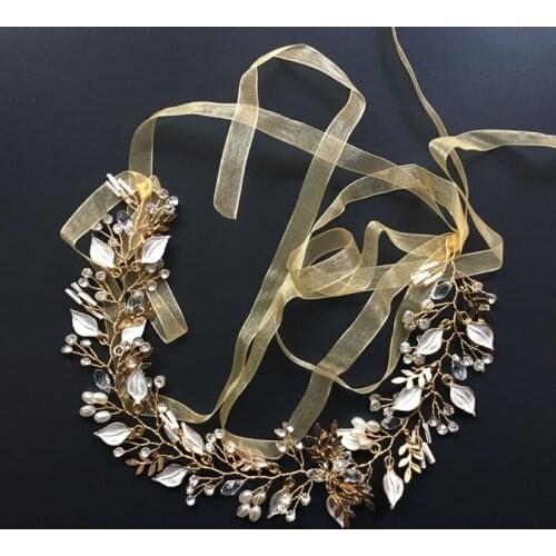 SLBRIDAL Ribbon Handmade Crystal Pearls Flower Leaf Wedding Tiara Hair Vine Bridal Headband Hair accessories Bridesmaids Jewelry