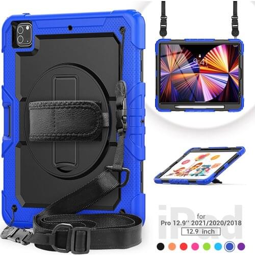 Heavy Duty Shockproof Cover with Shoulder Strap Pen Slot for iPad Pro 12.9 Kids Cover 2021 2020 2018 Silicone Case+Film