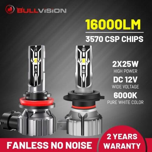 BULLVISION H11 LED Fanless Headlights 16000LM White 6000K H7 H4 H8 H9 On Car Mini LED Bulb 9005 9006 CSP Chips Super Bright lamp