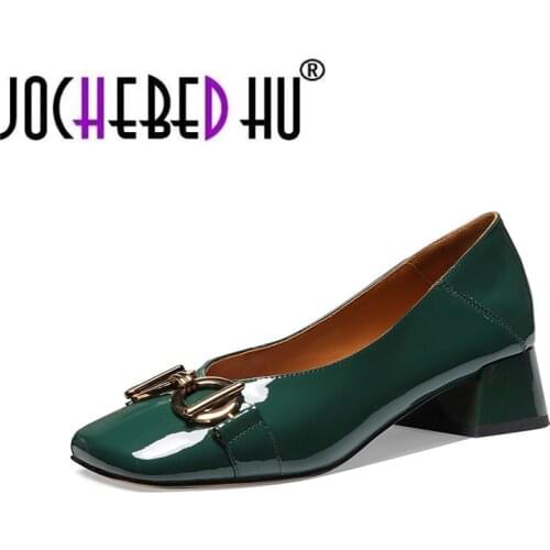 【JOCHEBED HU】Size 34-42 New Arrived Women Real Leather High Heel Shoes For Women Fashion Square Toe Patent Leather Pumps Footwea