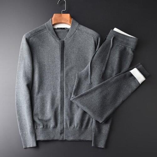 Spring Knit Sets (Sweatshirts + Pants) Stand Collar Slim Casual Mens Sweatshirts Elastic Waist Pants