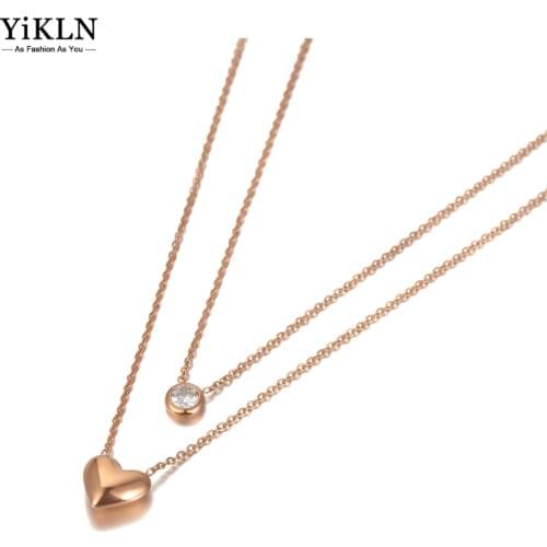 YiKLN Bohemia Design Double Layer Heart Pendant Necklaces For Women Stainless Steel CZ Crystal Chain Choker Necklace YN20149