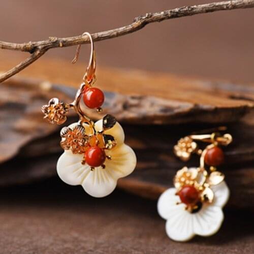 Chinese Style Women Studs 14K Gold-Plated Women Earrings Girl Birthday Gift Shell Flower South Red Flower Fashion Girl Earring