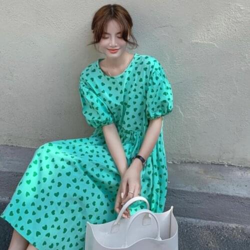 2021 New Women Summer Green Long Loose Dress Puff Sleeve Round Collar High Waist Heart-shaped Print Casual Sundress
