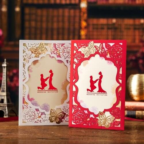 10pcs Red White Laser Cut Wedding Invitations Card Bride and Groom Elegant Greeting Card With Envelopes Wedding Party Decor