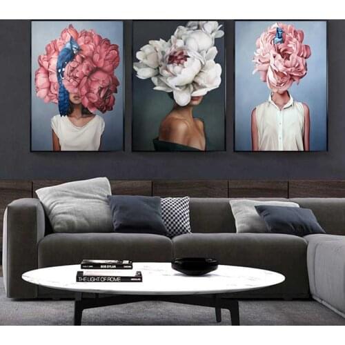 Flowers Feathers Woman Abstract Canvas Painting Wall Art Print Poster Picture Decorative Painting Living Room Home Decoration