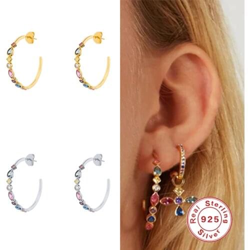 GS 925 Sterling Silver Colorful Crystal Circle Hoop Earrings Rainbow Zircon C Shape Piercing Earring Women Luxury Jewelry Gift
