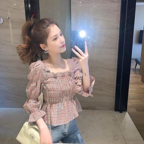 Blouse Women Retro Trumpet Sleeve Plaid Summer Clavicle Top Blusas Mujer De Moda