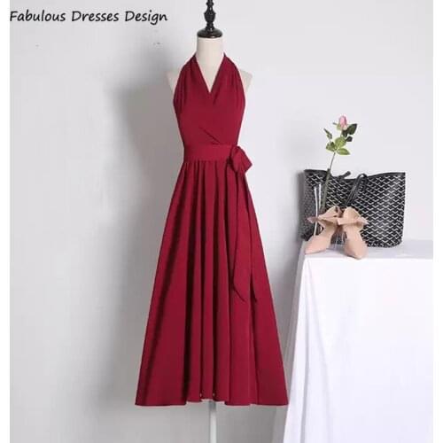 Burgundy Tea Length Bridesmaid Dresses 2021 A Line Bowknot Sashes V-neck Bridal Party Dress For Women Prom Gown