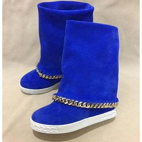 Blue Suede Fold Over Gold Chain Decor Boots Round Toe Rubber Sole 8CM Height Increasing Women High Boots Customzied