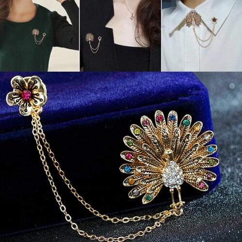 Korean Fashion Colorful Rhinestone Peacock Feather Brooch Animal Tassel Chain Lapel Pin Collar Needle Pin Women Accessories