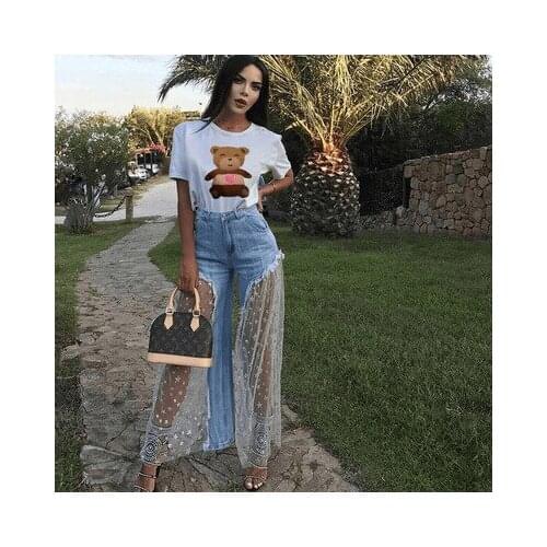 New Trousers Star Mesh Stitching Wide Leg Pants Sexy Ripped Jeans Raw Edges Stars Perspective Womens Trousers Party Night Wear