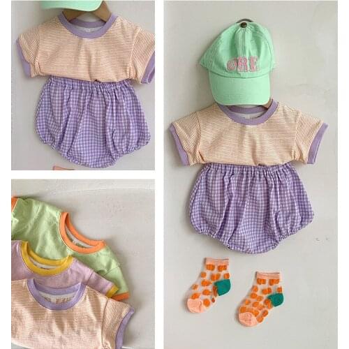 Boy Girl Clothing Sets Baby Summer Clothes Korean Girl Boy Tops+Plaid Bloomers Outfits Newborns Shorts Childrens Sports Suits