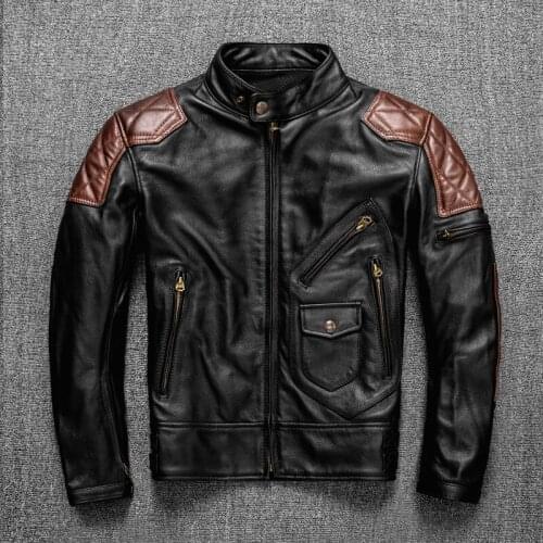 Mens Motorcycle Leather Jacket Top Layer Cowhide Leather Jacket mens Cycling Oblique Zipper Leather Jacket
