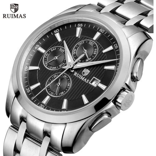 RUIMAS Mens Stainless Steel Business Quartz Watches Top Brand Luxury Chronograph Wristwatch Relogios Masculino Clock 6688Black