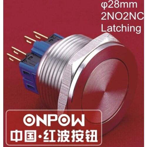 ONPOW 28mm Waterproof IP65 Super Flat 2NO2NC Latching on-off Stainless steel Push Button switch (GQ28PF-22Z/S) CE,ROHS
