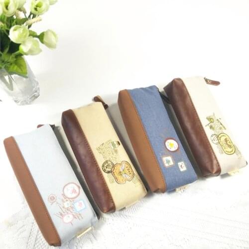 1pcs/lot Vintage Simple Stamp series linen Leather pencil bag Stationery storage large fabric pencil case pen pouch estuche tela