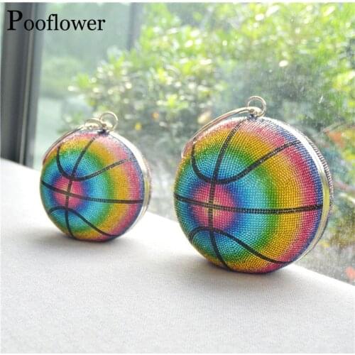 Pooflower Rainbow Color Rhinestone Basketball Party Clutch Bags for Women Wedding Diamond Evening Bags Crystal Handbag ZH451