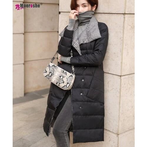Women Double Sided Long Down Jacket Winter Turtleneck Plaid White Duck Down Coat Female Warm Parkas Snow Outerwear Woman