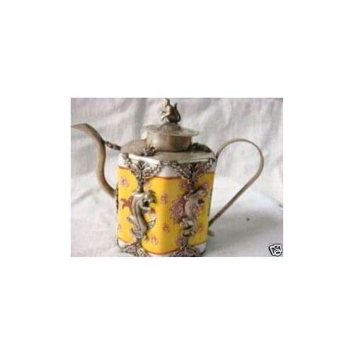 Crafts Arts carving Chinese Wonderful Tibetan Porcelain Silvering Dragon Tea Pot shipping tools wedding Brass