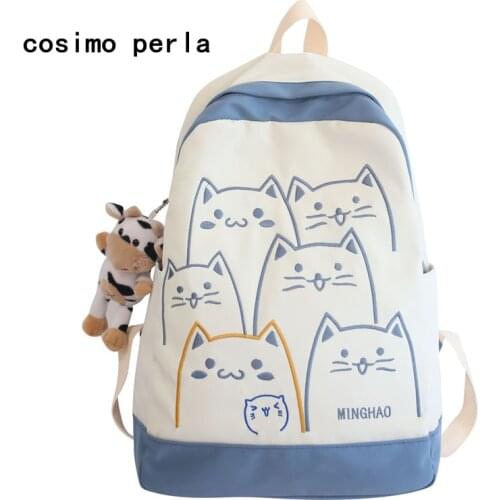 Kawaii Cat Embroidery Cartoon Backpacks for Teenage Girls Lightweight Korean Nylon Bookbags High School Preppy Style Laptop Bag