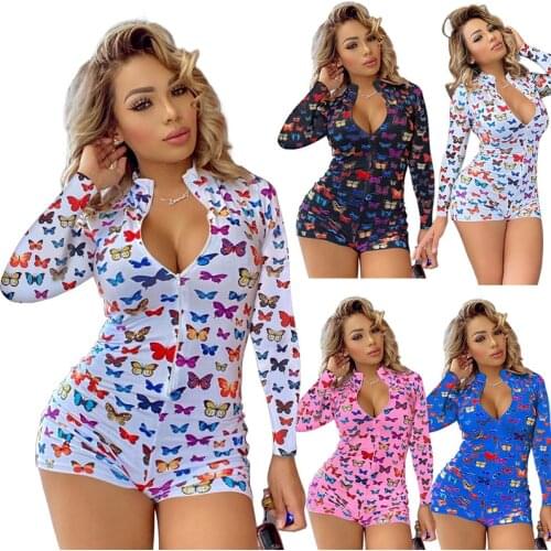 Butterfly Print Long Sleeve Sexy Bodycon Jumpsuit Sleepwear Playsuit Women Fall 2021 Zip Up Party Clubwear Slim Romper Jumpsuits