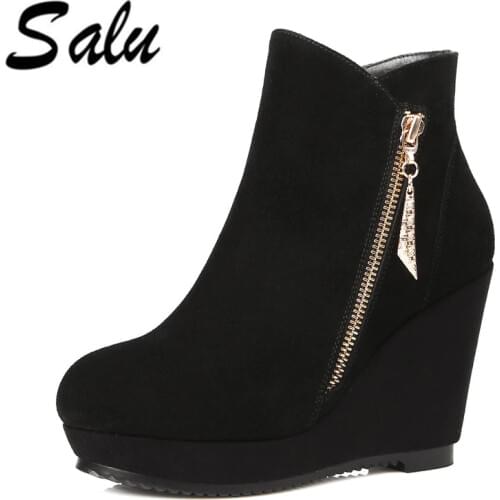 Salu wedges high Heel Leather Boots Winter Handmade Genuine Womens Shoes Ankle boots Soft Comfortable Boots