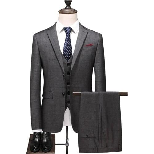 Gray Plaid Suits For Men High Quality Three Piece Mens Wedding Suits Prom Party Dress Dinner Christmas Suit Male
