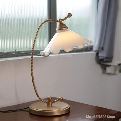 Nordic Copper Led Table Lamp American Glass Lampshade Bedroom Bedside Lamp Home Decoration Living Room Study Golden Table Lamp