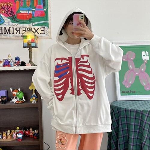 Deeptown Cotton Skeleton Print Zip Up Hoodie Women Gothic Punk Graphic Sweatshirt Korean 2021 Fashion Zipper Hip Hop Alt Clothes