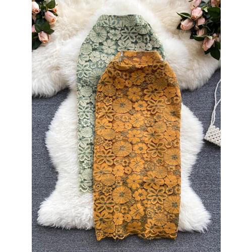 Women Yellow/Green Lace Embroidered Skirt Autumn Vintage High Waist Pencil Faldas Female Flower Sexy Skrits Saias New Fashion