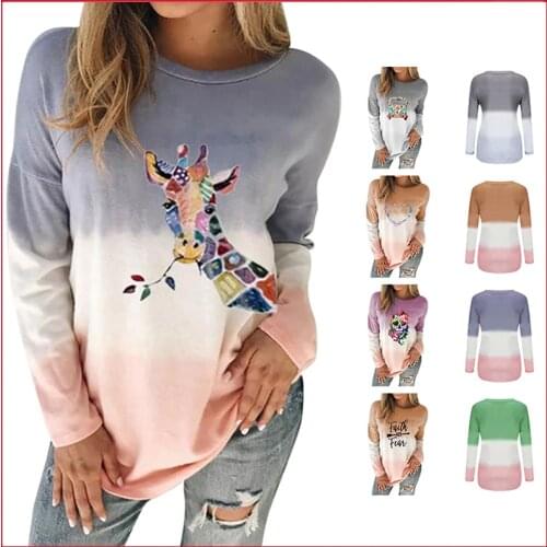 Womens Cute Printed Gradient Tie Dye Hoodie Ladies Fashion Casual Long Sleeve Tops Loose O-Neck Plus Size Sweatshirt Pullovers