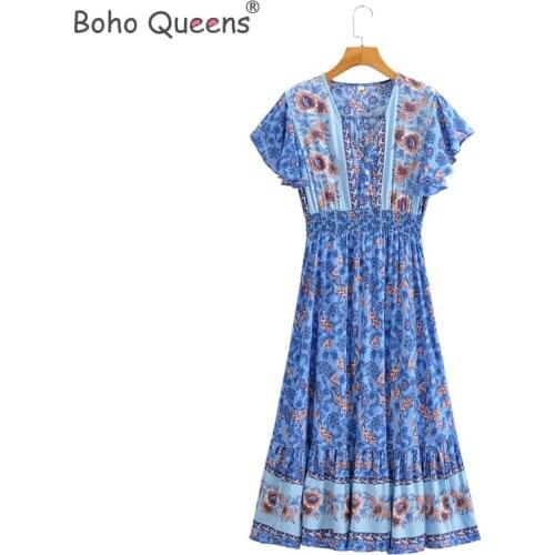 Boho Queens women floral print V-neck sashes Bohemian midi dress ladies sleeve Boho happie dresses vestidos