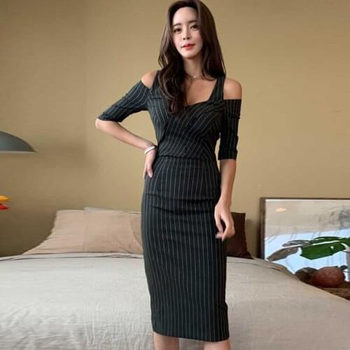 Spring and Summer Korean Style of the Sexy V-neck Slim Package Hip Stripe Dress Female Off Shoulder Dresses Female Vestidos