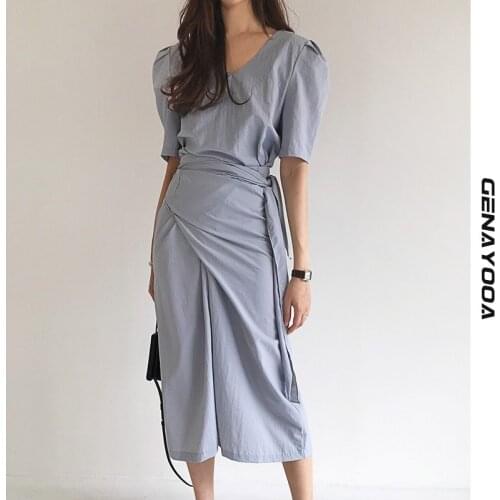 Genayooa office ladies dresses for women 2021 elegant short sleeve lace up vestido de mujer minimalist dress women summer midi